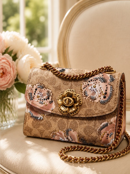Coach Handbags - COACH Parker 18 Embellished Signature Rose Print | Tea Rose Turnlock